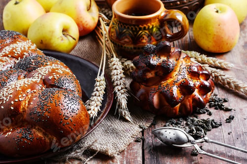 Preview: Autumn Tea Party.Autumn Still Life With Scones,Tea,Apples And Ears Of Wheat.