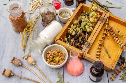 Preview: Scary Halloween Laboratory. Dry Herbs, Alchemy Appliances, Potions And Ingredients Lies On A Gray