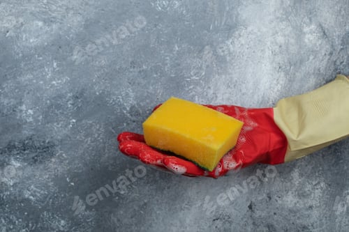 Preview: Hands In Red Protective Gloves Holding Sponge