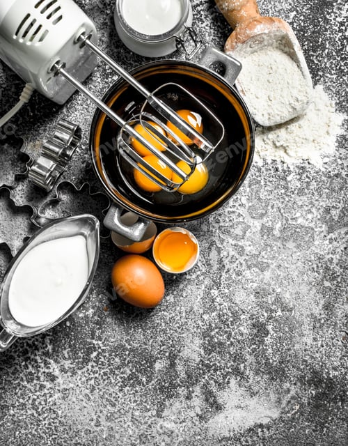 Preview: Baking Background. Blend Eggs With A Mixer To Make A Dough. On A Rustic Background.