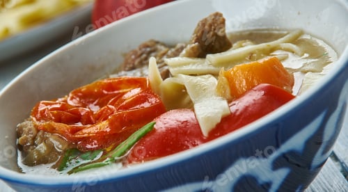 Preview: Shorpo, Lamb Soup , Kazakh Cuisine, Traditional Assorted Dishes Kazakhstan, Top View.