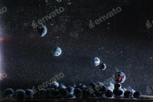 Preview: Water Drops On Ripe Sweet Blueberry. Fresh Blueberries Background With Copy Space For Your Text