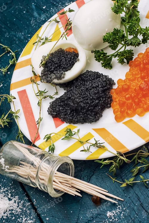 Preview: Chicken Egg With Red And Black Caviar