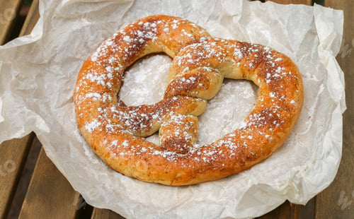 Preview: Cinnamon Sugar Soft Pretzel On A Wooden Table In A Street Cafe. Snack For Tea Or Coffee. Selective