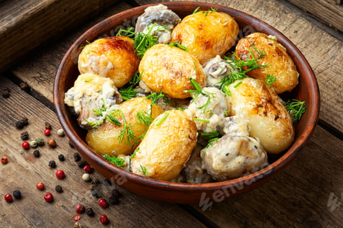 Preview: New Potatoes Fried With Mushrooms On Wooden Table.Ukrainian Cuisine