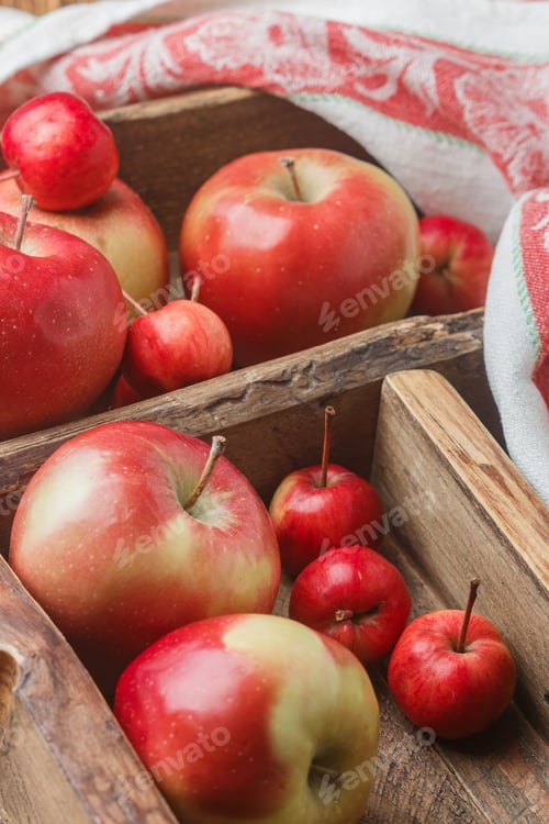 Preview: Red Juicy Organic Apples In Wooden Box. The Harvest From The Garden. Rustic Style. Selective Focus