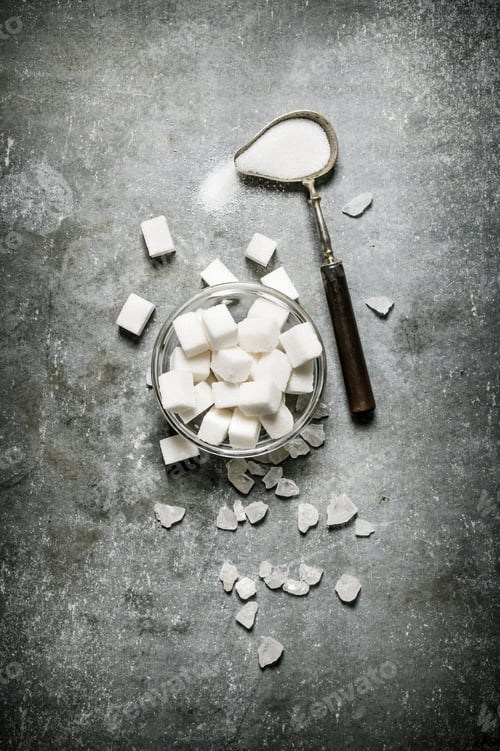 Preview: Refined Sugar In A Glass Saucer. On A Stone Background.