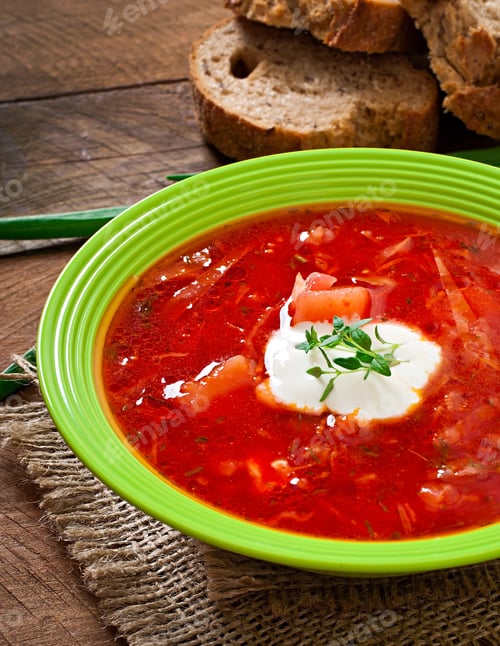 Preview: Traditional Ukrainian Russian Vegetable Borscht Soup On The Old Wooden Background
