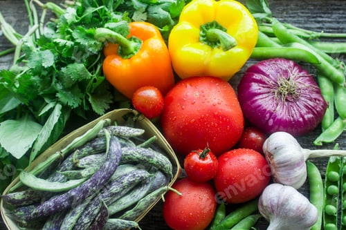 Preview: Fresh Vegetables From The Garden - Green Beans, Onions, Garlic, Tomatoes, Peppers, Cilantro