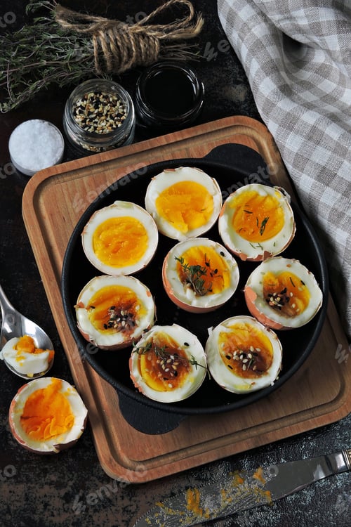 Preview: Soft-Boiled Eggs Halves In A Cast-Iron Skillet. Flat Lay.