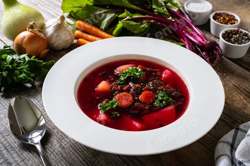 Preview: Borsch - Beetroots Soup With Cream On Wooden Table