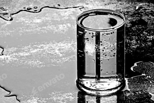 Preview: A Glass Of Clean Drinking Water On A Metallic Wet Surface, In Black And White.