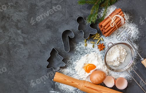 Preview: Cooking Christmas Baking. Ingredients For The Dough And The Spices On The Table. Flour, Eggs