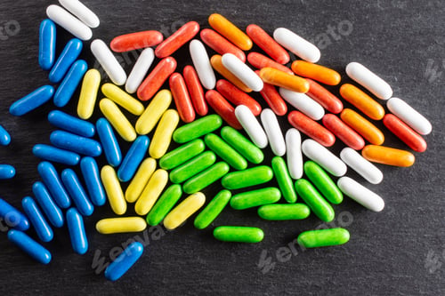 Preview: Lot Of Whole Colorful Sweet Licorice Comfit Flatlay On Grey Stone