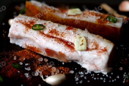Preview: Selective Focus. Fresh Lard With Spices. Salting Lard. Gammoning.