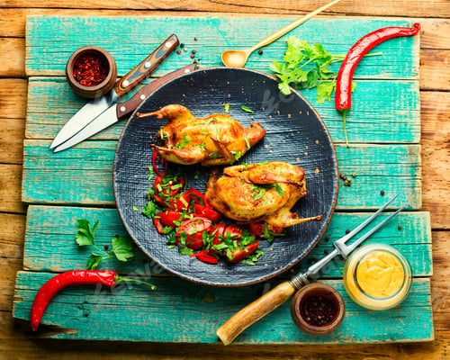 Preview: Roasted Whole Quails And Spring Vegetable Salad On Rustic Wooden Table