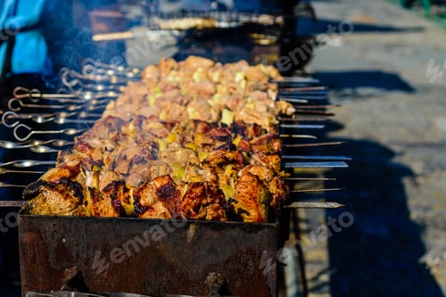 Preview: Skewers With Meat Over Charcoals. Cooking Shashlik