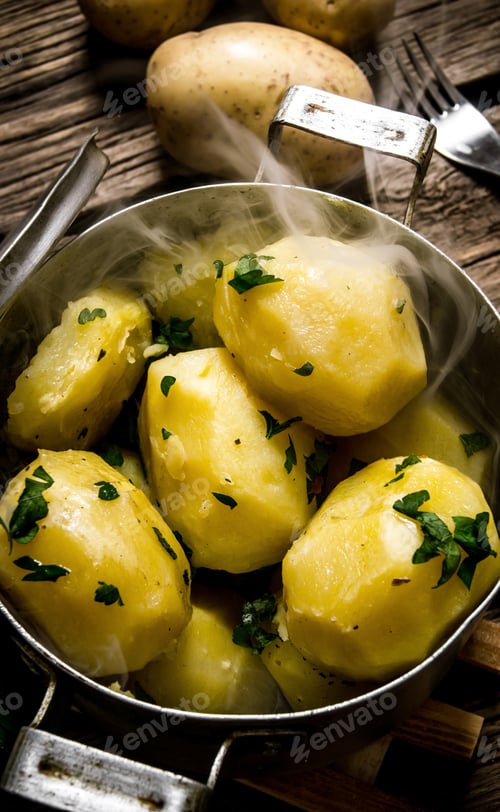 Preview: Potato Food . Boiled Potatoes With Herbs And Steam On A Wooden Table .
