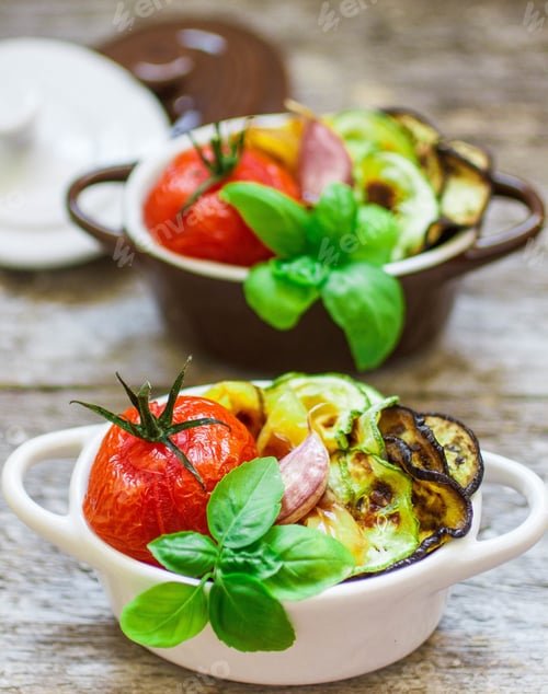 Preview: Vegetables, The Roasted - Eggplant, Zucchini, Tomatoes, Peppers And Garlic. Dietary Nutrition. Soft