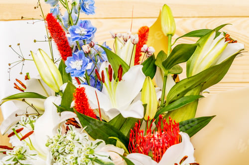 Preview: Bouquet Of Summer Festive Flowers. The Concept Of A Romantic Gift. Bridal Bouquet. Light Wooden