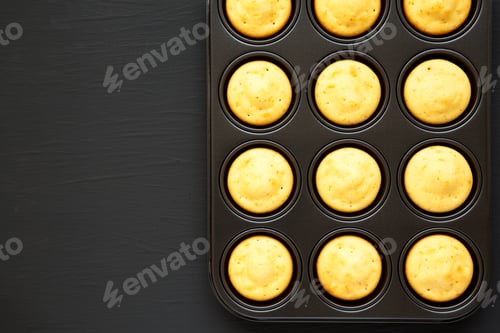 Preview: Homemade Cornbread Muffins On A Black Background, Top View. Flat Lay, Overhead, From Above. Copy