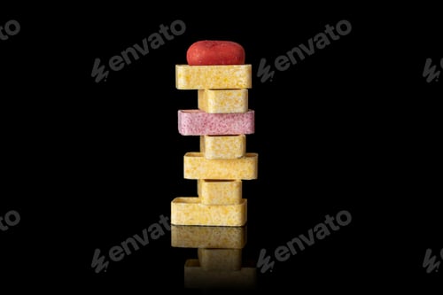 Preview: Lot Of Whole Sweet Pastel Candy Tower Isolated On Black Glass