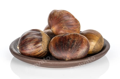 Preview: Group Of Five Whole Edible Brown Chestnut With Brown Ceramic Coaster Isolated On White Background