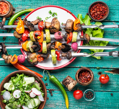 Preview: Vegetable Kebabs With Peppers, Mushrooms, Zucchini And Tomatoes.Vegetarian Skewers.Summer Food