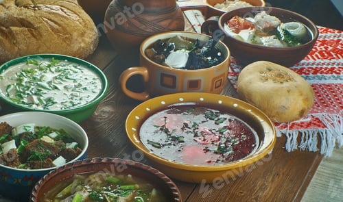 Preview: Russian Traditional Soups , Assorted Dishes, Top View.
