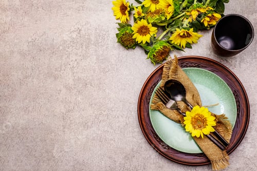 Preview: Autumn And Thanksgiving Dinner Place Setting. Sunflower Bouquet, Ceramic Plates And Sackcloth