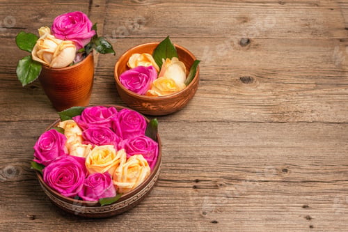 Preview: Composition Of Fresh Multicolored Roses In Kitchen Utensil. The Festive Concept For Weddings