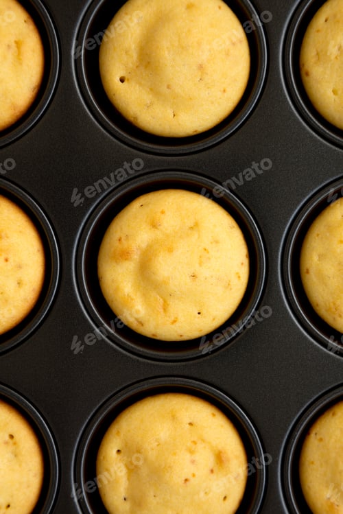 Preview: Homemade Cornbread Muffins, Top View. Flat Lay, Overhead, From Above.