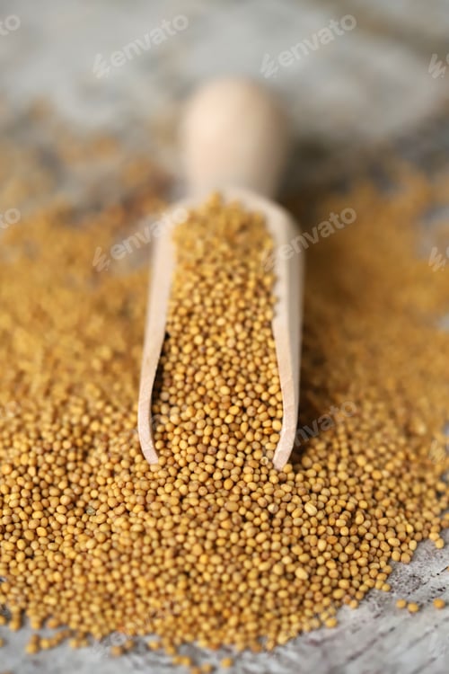 Preview: Grains Of Mustard. Mustard Seeds Vegan Concept. Healthy Diet. Selective Focus. Macro.