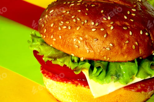 Preview: Hamburger On A Background With A Hamburger Color. Food Minimalism. Salami Sandwich In A Minimalist