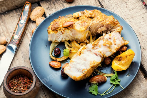 Preview: Roasted Piece Of Silver Carp With Nut Sauce.Fried Fish