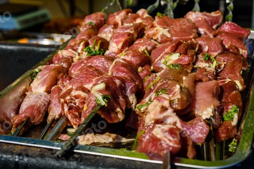 Preview: Skewers With Raw Meat Over Charcoals. Cooking Shashlik