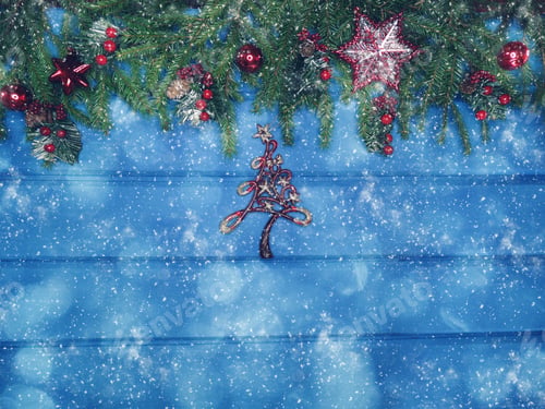 Preview: Winter Christmas Background With Decor On Fir Branches Cones And Snow On Blue Wooden Texture