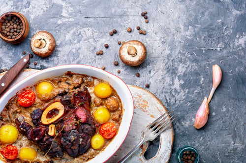 Preview: Beef Steak With Garnish. Meat Steak With Potatoes In Mushroom Sauce.Roast Beef With Potatoes