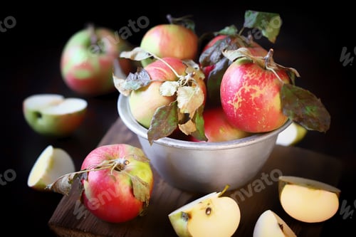 Preview: Selective Focus. Apples In A Bowl. Harvest Apples. Sliced Apples.