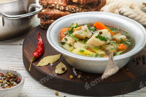 Preview: Fresh White Fish Soup With Carrots, Potatoes, Onions, Herbs And Spices. Rustic Style. Selective