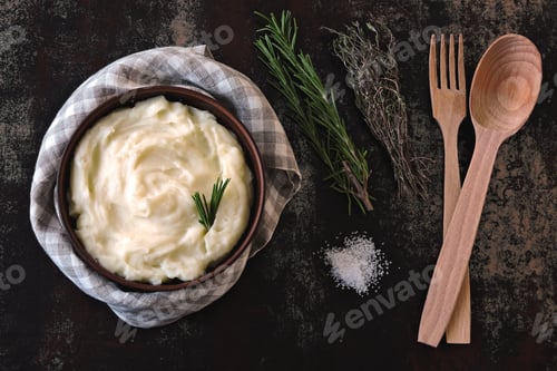 Preview: Mashed Potatoes In A Bowl. Homemade Mashed Potatoes With Fragrant Herbs.