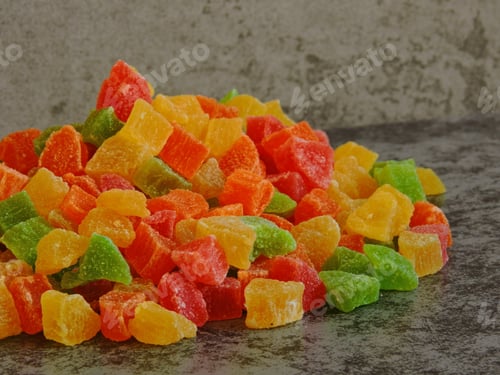 Preview: Colored Candied Fruits. Close Up. Copy Space.