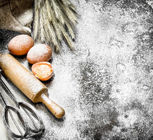Rustic Baking Ingredients: Eggs, Flour and Rolling Pin