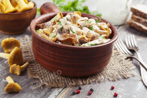 Preview: Chicken Fillet With Chanterelles And Cream In A Pan On The Table