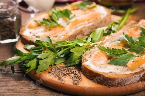 Preview: Sandwich With Red Fish And Fresh Parsley On Wooden Background