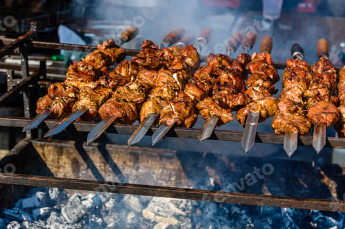 Preview: Skewers With Meat Over Charcoals. Cooking Shashlik