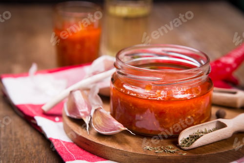 Preview: Fresh Spicy Sauce With Pepper,Garlic And Oil On Wooden Background