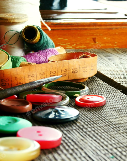Preview: Sewing Background. Sewing Accessories On Wooden Background