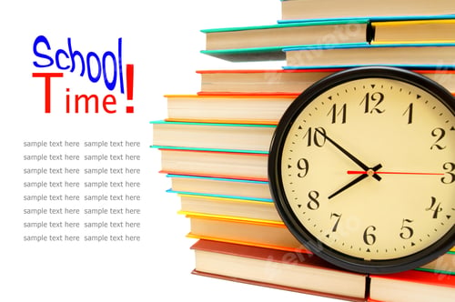 Preview: Watch And Many Multi-Coloured Books On A White Background.