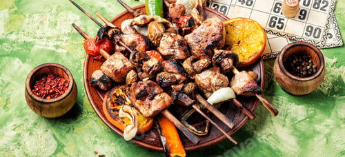 Preview: Summer Picnic With Shashlik And Board Game.Picnic Concept